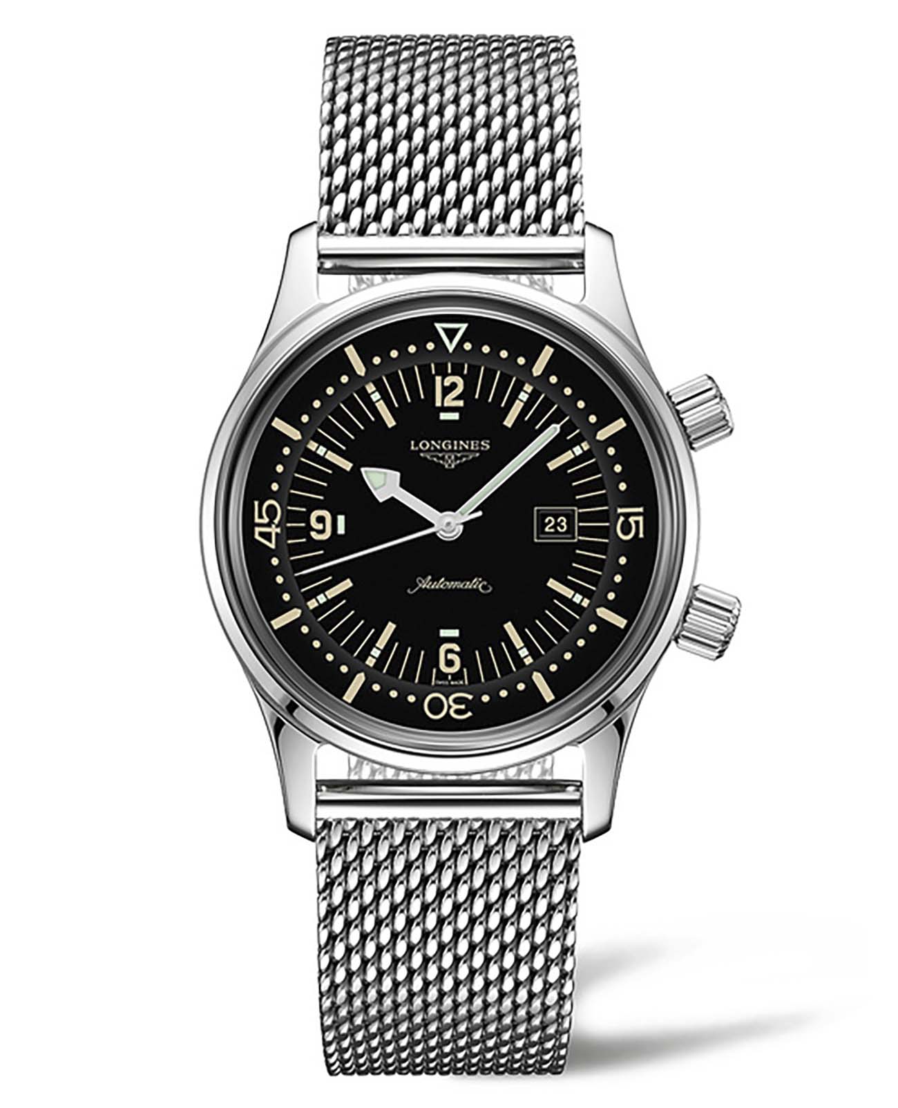 Longines Longines Legend Diver Watch L3.374.4.50.6  L33744506 механические женские часы черный циферблат, браслет нержавеющая сталь — вид спереди